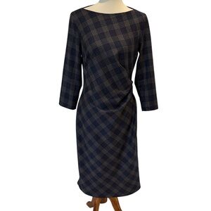 Weekend Max Mara Navy Plaid Long-Sleeve Sheath Wool Dress